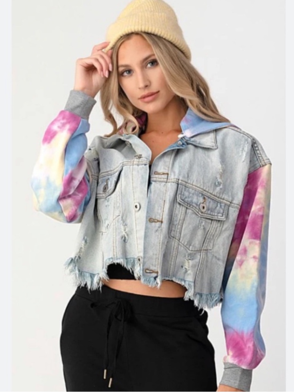 NWT Dance & Marvel Distressed Denim Tie Dye Hoodie Jacket – Small